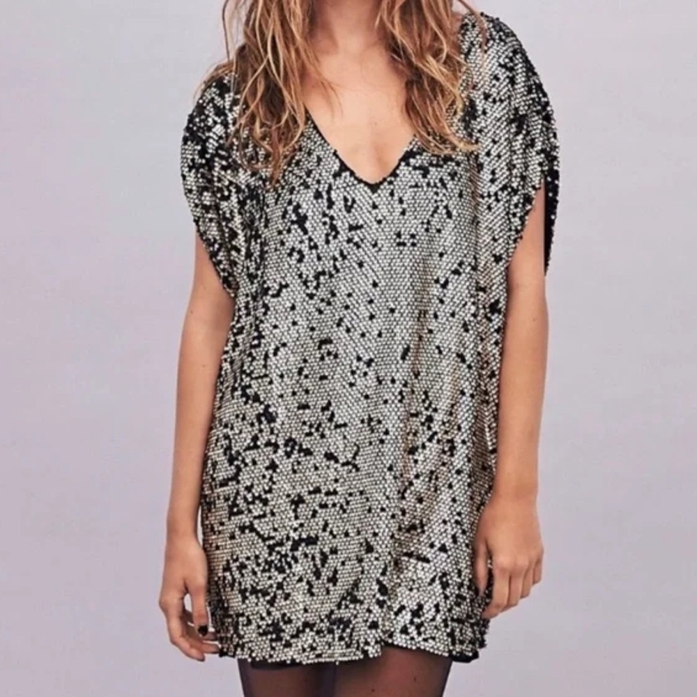 Free People Pop Goes The Party Sequin Mini Tunic Dress • XS • Black Gold - Picture 9 of 11